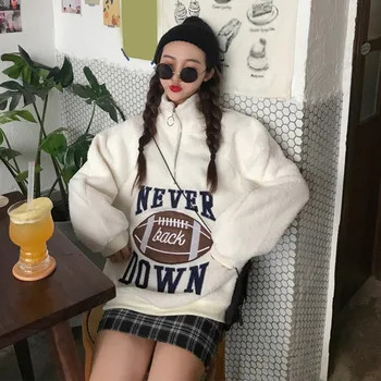 

Oversize Letter Embroidered Womens Sweatshirt Lambswool Stand Collar Zipper Female Pullovers Top Winter Lady Warm Velvet Hoodies