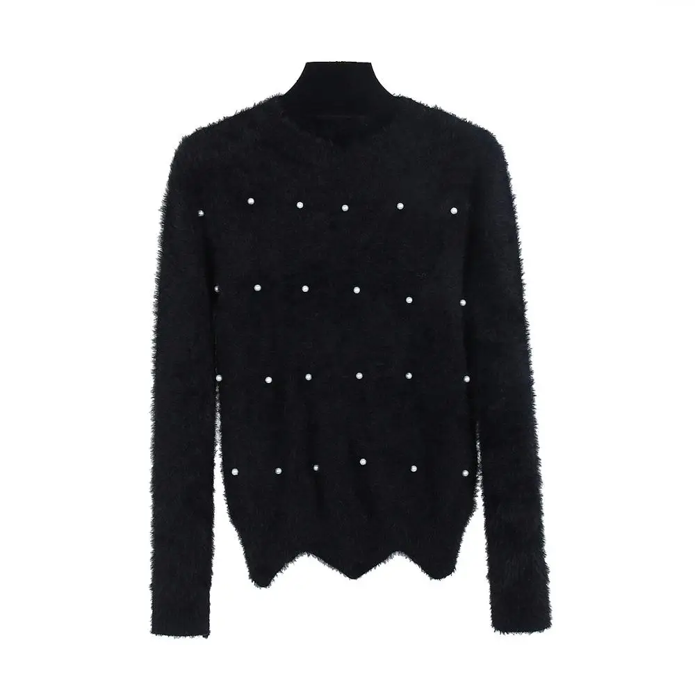 Осенний женский свитер Wimter с длинным рукавом и круглым вырезом, мягкий пуловер с жемчугом, тонкий элегантный женский свитер - Цвет: black