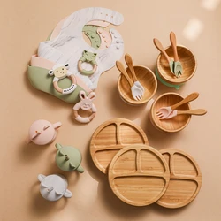 Ensembles de vaisselle d'alimentation en bois 7 pièces, fournitures d'alimentation pour enfants, plats en bambou avec tasse en paille en Silicone, vaisselle pour enfants, ensemble cadeau 