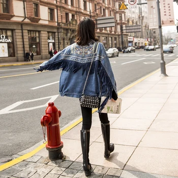 

DBYCOOL Denim Jacket Women New Loose Embroidery Studded Tassel Short Jean Jacket Female Coat DBY 5656