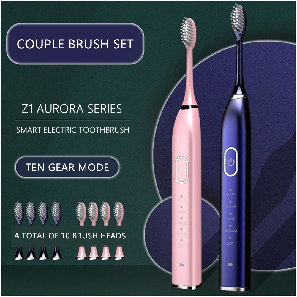 

Automatic Sonic Electric Toothbrush 10 Modes USB Rechargeable Ultrasonic Teeth Brush for Adult 5/10pcs Replacement Heads Set