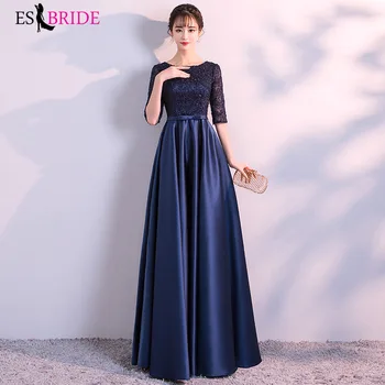 

New 2019 Long Formal Evening Dresses ES3030-1 Elegant Lace Satin Navy Blue Round Neck Half Sleeves Vestidos Women Party Gown
