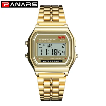 

PANARS Watch Men Digital Steel Retro Square Electronic Watch Silver Gold Watches Mens Date Counting Luminous Multifunction Watch