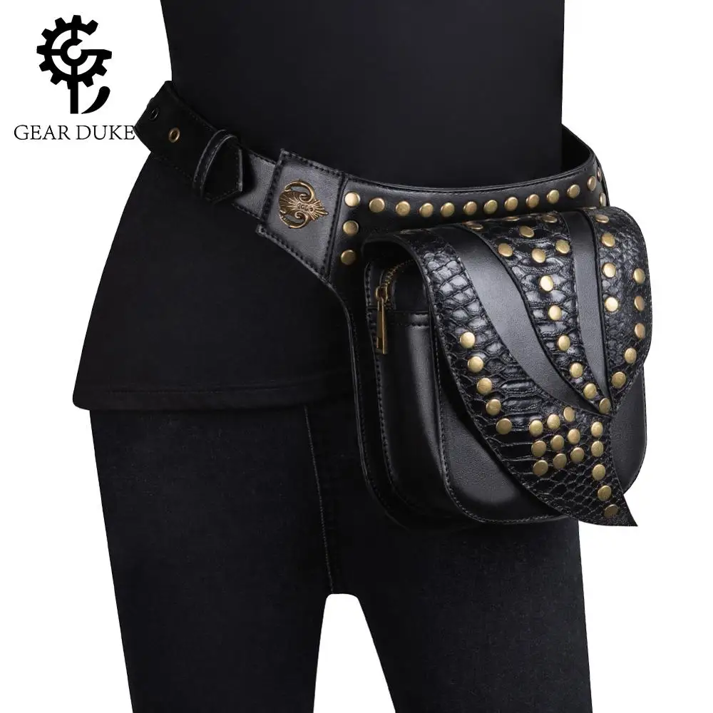 

Vintage Steampunk Harley Rivet Leather Waist Bag Women Waist Pack Moto & Biker Belt Tactical Bag