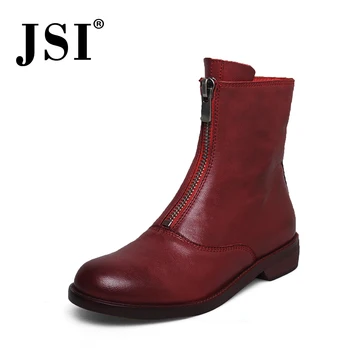 

JSI Brand Fashion Ankle Woman Boots Elegant Round Toe Front Zipper Design Low Heel Boots Quality Cow Leather Lady Shoes JOA15