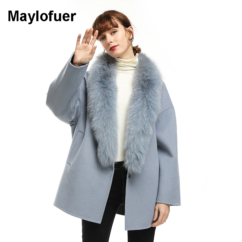 Maylofuer НОВЫЕ шикарные большие шерстяные пальто с воротником, шерстяное Женское пальто средней длины зимы, длинное шерстяное пальто - Цвет: Небесно-голубой