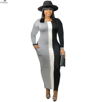 

Women Dress O Neck Long Sleeve Dress Solid Patchwork Sexy Casual Club Night Party Bodycon Robe Long Maxi Dress Africa Clothes