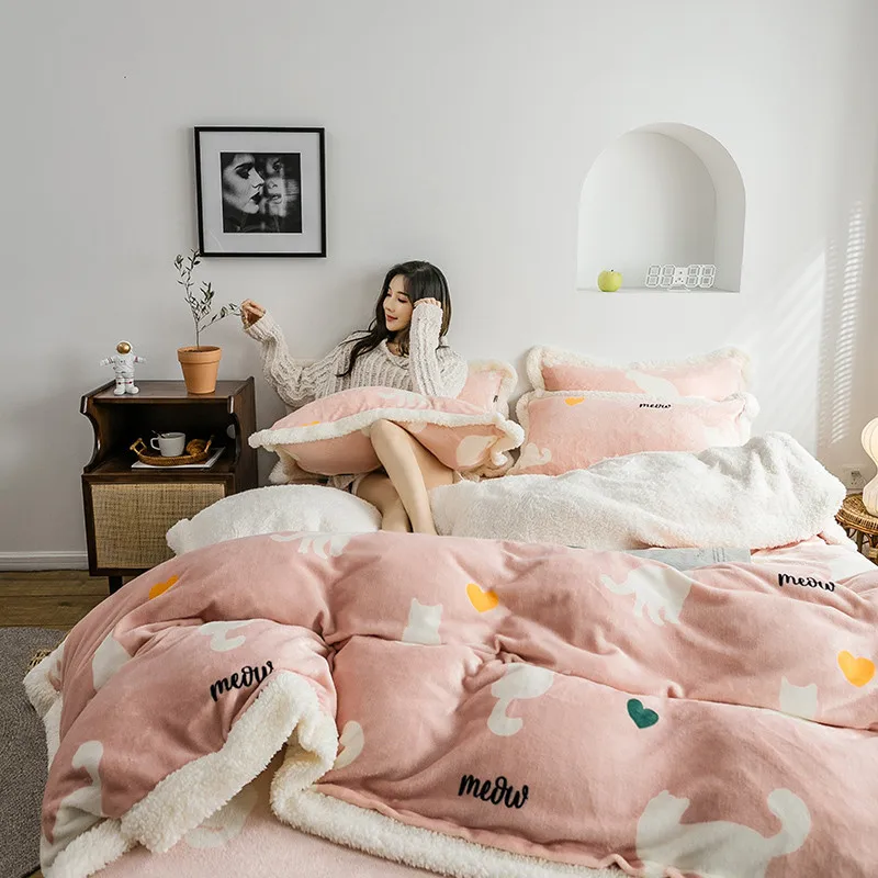 pink cat Зимний фланелевый флисовый комплект постельного белья, 4 шт., плоский лист, пододеяльник, набор, кашемир, Маргаритка, постельное белье AB, постельное белье, пасторальный Комплект постельного белья - Цвет: pink cat