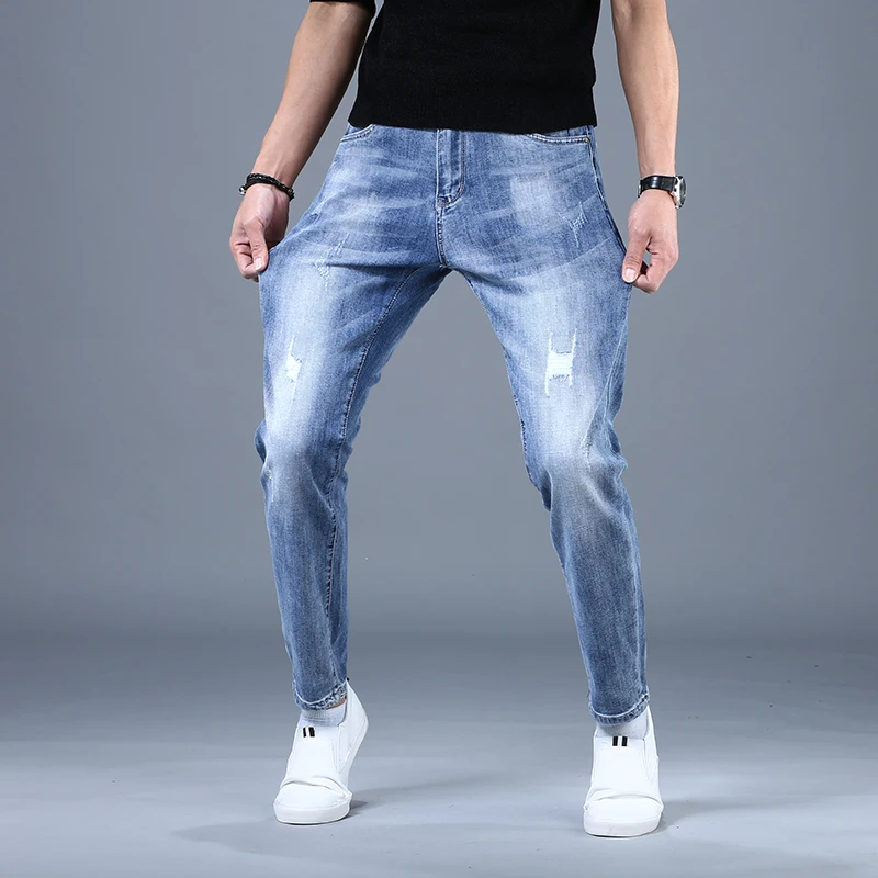 Summer Men's Blue Ripped Jeans Casual Loose Straight Denim Pants