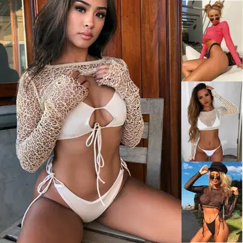 

Women's Long Sleeve Mesh Fishnet Cover-Ups Swimwears Bikini Cover Up Beach Swimwear Women's solid color beachwear