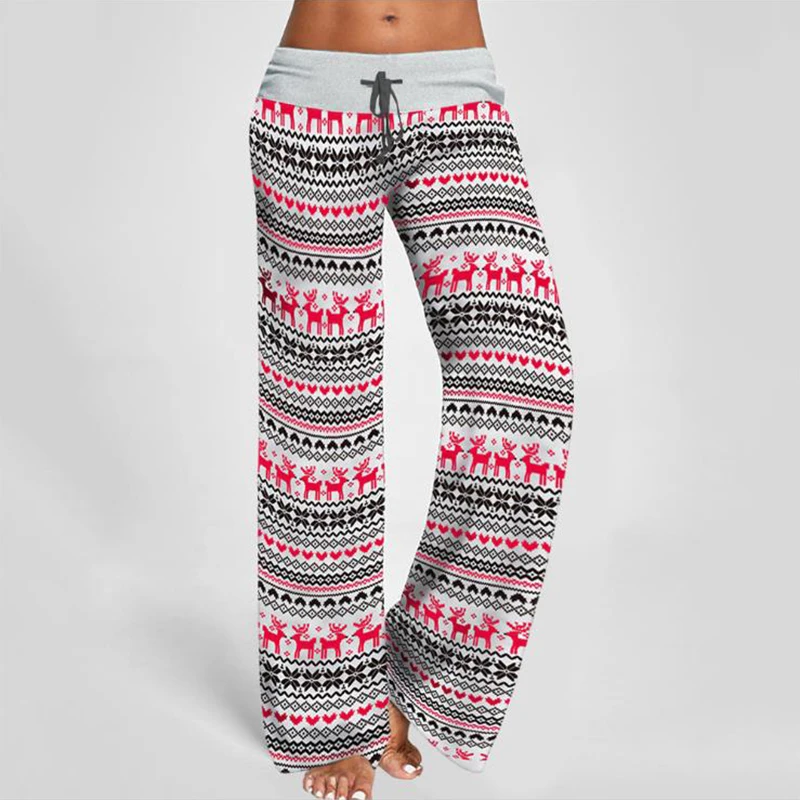 

Plus Size Lace-Up Wide-Leg Pants Loose Camouflage Elk Print Christmas Pajama Autumn Casual Home Clothes Sleepwear Lounge Wear