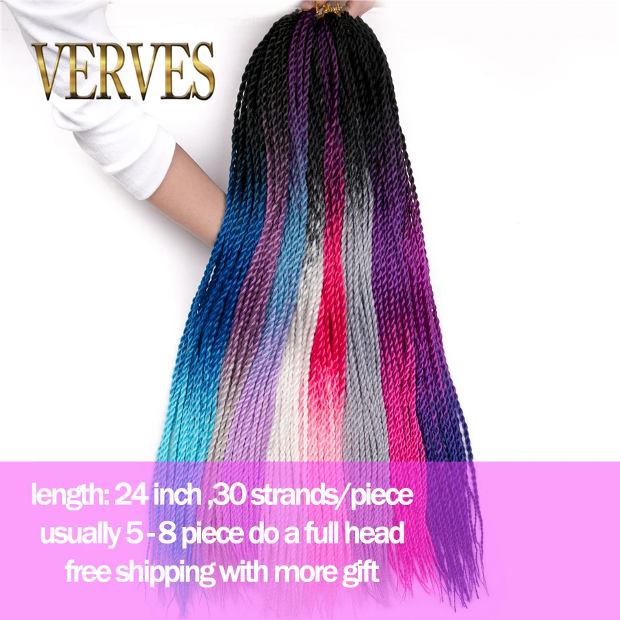 VERVES 24 Inch Synthetic Ombre Senegalese Twist Hair 30 Roots/pack Crochet Braids For Women Braiding Hair Grey,Bonde,Pink,Brown