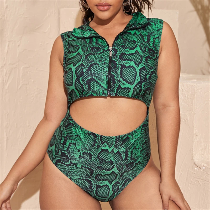 

Plus Size One Piece Bikini 2020 New Arrival Snakeskin Zipper Collar High Waist Sleeveless Expose Waist Tankini Traje de Banho