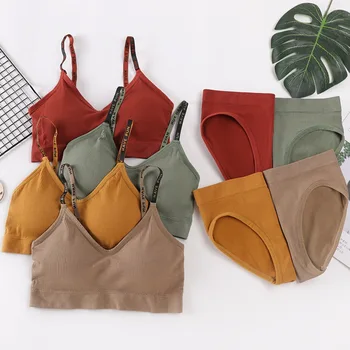 

Women's bra and underwear set English letter sling thread wrapped chest without steel ring sports bra with chest pad vest type