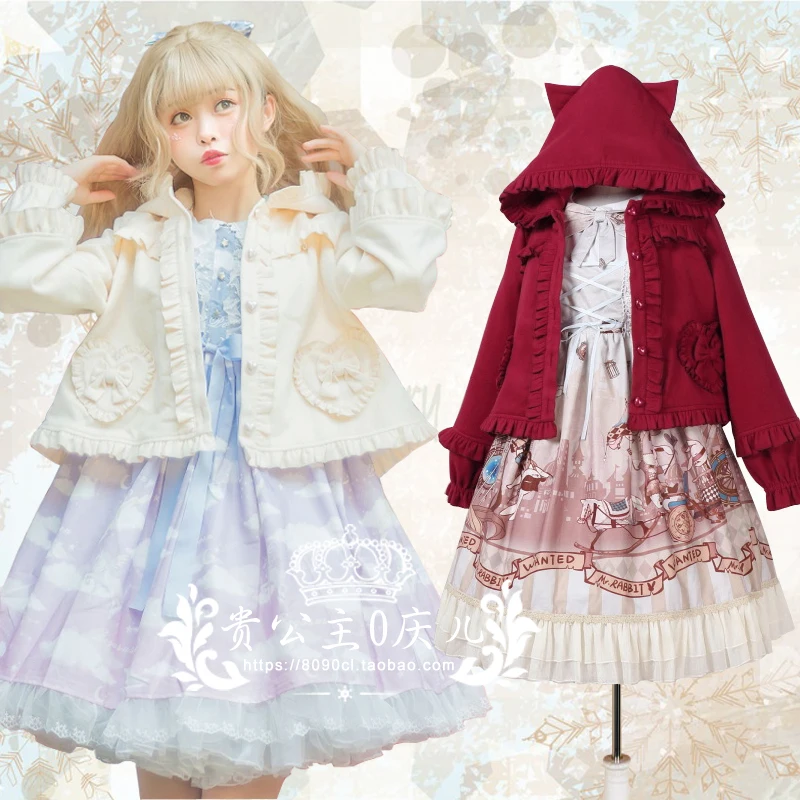 Autumn winter japanese sweet lolita woolen cloak cute rabbit ears bowknot  pockets plus velvet thicken gothic lolita coat cosplay