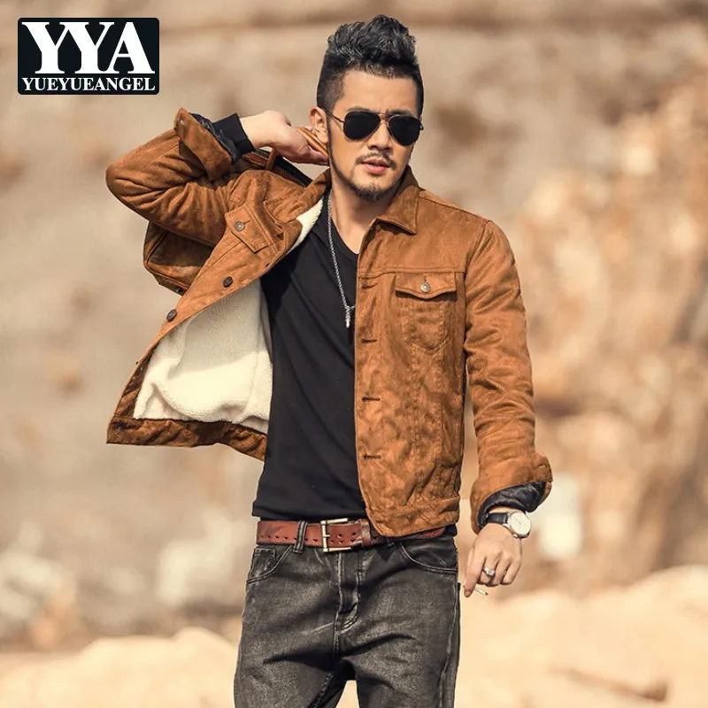Зимняя мужская теплая замшевая кожаная куртка с меховой подкладкой, короткая приталенная байкерская куртка из искусственной кожи, Мужская однобортная Толстая Рабочая куртка