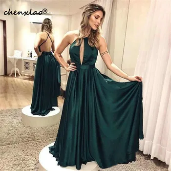 

Elegant Dark Green Backless Evening Dresses Long Customized 2020 Roland silk Beack Women Formal Dress Floor Length Evening Gowns
