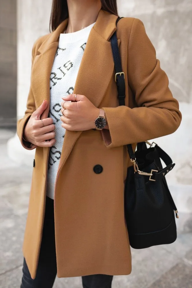 

New Solid Color Long Sleeve Both Row Button Suit Lead Woolen Loose Coat Woman Maternity