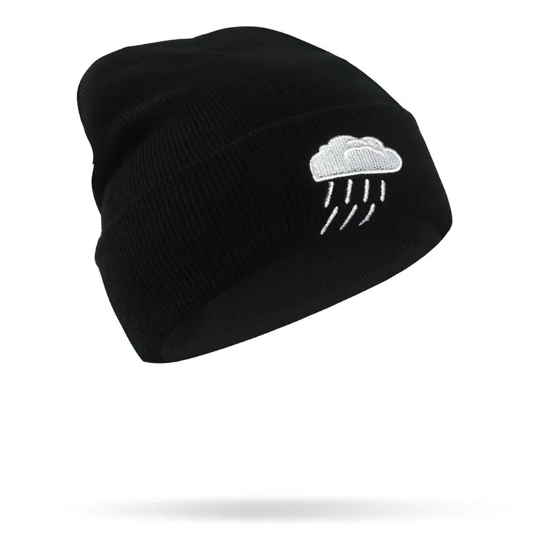 Модная обувь в стиле «хип-хоп» шерстяная шляпа Творческий погода вышивка вязаная шапка с изображением солнца, Луны Снежинка черного цвета; с узором из облаков с шляпой - Цвет: Rain