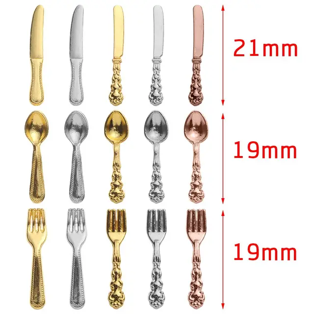 12 Pcs Toy Dollhouse Miniature Furniture Gold Silver Simulation Mini Cutlery Doll Accessory Fork Knife Spoon Doll Home Supplies 5