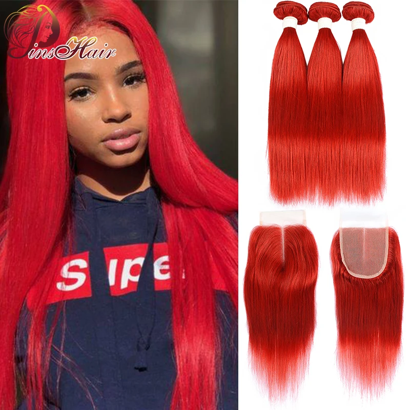 Pinshair, красные прямые волосы, пряди с закрытием, 99J, бордовый цвет, бразильские человеческие волосы, 3 пряди, с закрытием, не Реми волосы, 10-26 дюймов
