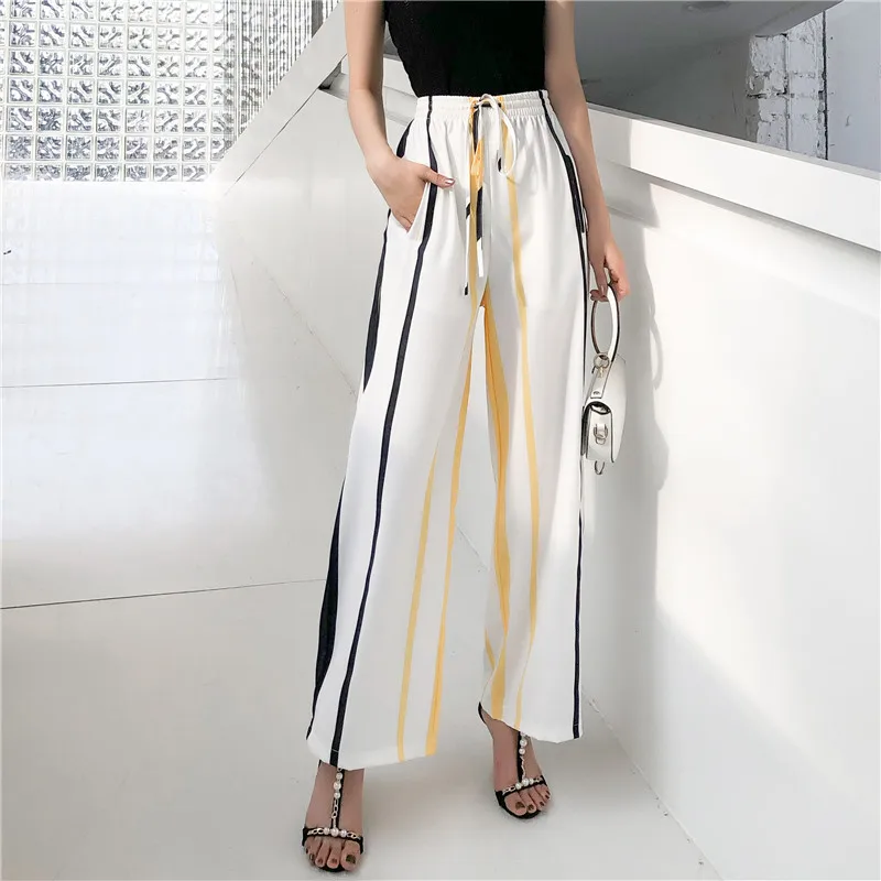 

Women's printed Pants Autumn 2019 Summer Chiffon Pants Printing Nine Pants Cusual Loose Yellow Blue Chiffon Wide Leg Pants 12H