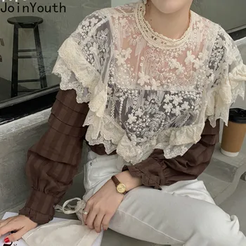 

Joinyouth Lace Ruffle Patchwork Pullover Tops Korean Vintage Stand Neck Long Sleeve Blouse 2020 Spring Perspective Blouse 58937