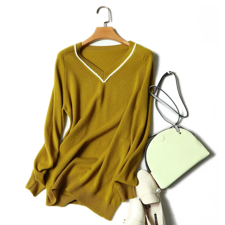 

Autumn And Winter New Style Mountain Cashmere Sweater Women's V-neck Solid Color Versatile Sweater Pullover Cashmere Sweater Sli