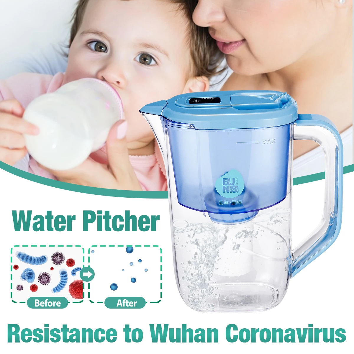 3L Water Filter Purifier Ionizer Net Kettle with Electronic Filter Indicator Display for Health Home Office