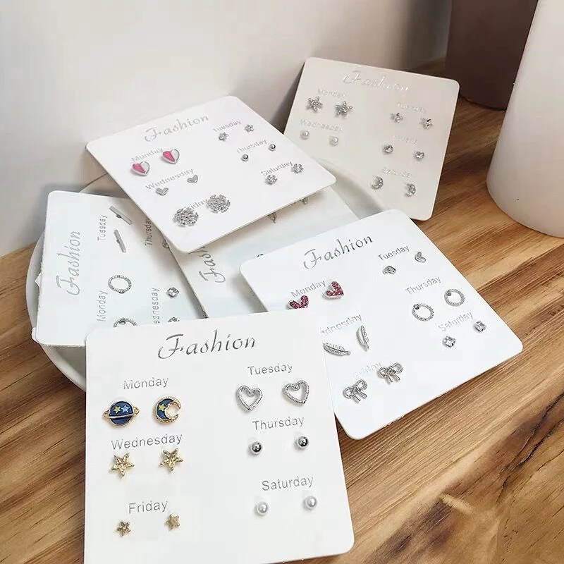 

MENGJIQIAO New Arrive Fashion Korean One Week Stud Earrings For Women Cute Heart Moon Bowknot Pendientes Jewelry Gift 6pairs/lot