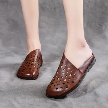 

Genuine Leather Sandals Women Full Leather 2020 Summer New Soft Sole Flat Hollow Hole Female Leather Shoes