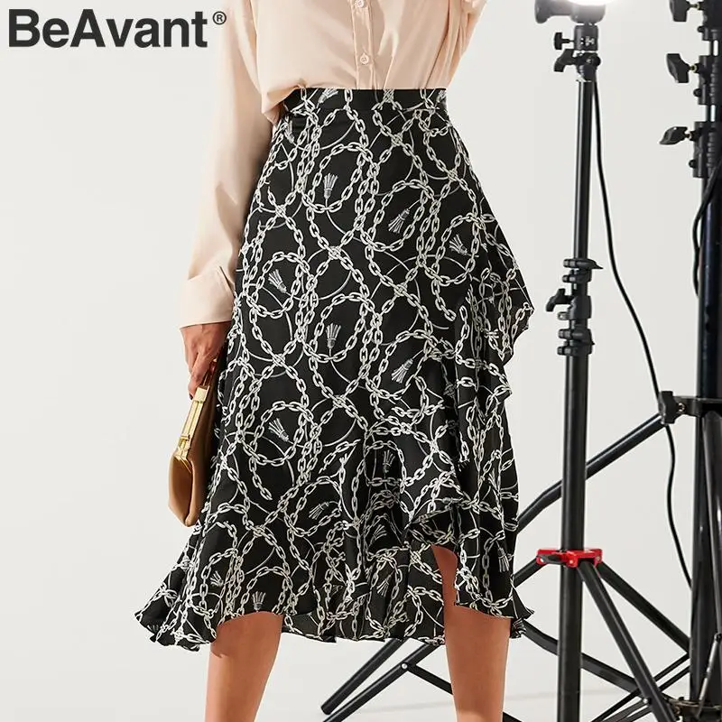 BeAvant, Летние Юбки-миди черного цвета, женские,, с принтом, на шнуровке, высокая мода, с запахом, сексуальная юбка, женская, весенняя, трапециевидная, юбки, для отдыха, для девушек