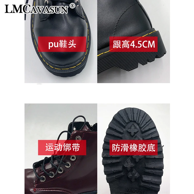 LMCAVASUN New Black Combat Boots Women Leather Platform Boots Martin Punk Ankle Boots Women Shoes Zip Lace Up Casual Botas Mujer