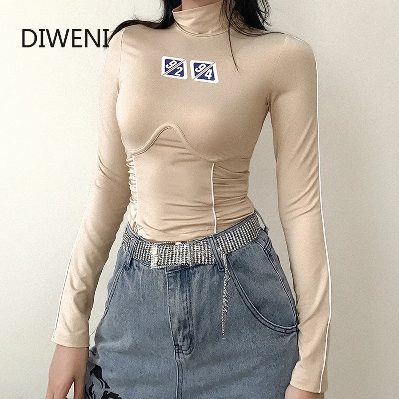 

Women Stacked Letter Print Long Sleeve Striped Turtleneck Solid Streetwear Fashion Ribbed Stretchy Skinny Fitness Outfits