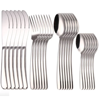

Wholesale 24pcs/lot Extra Thick Cutlery Kitchen Tableware Set 304 Stainless Steel Silverware Spoon Fork Knife Set Silver