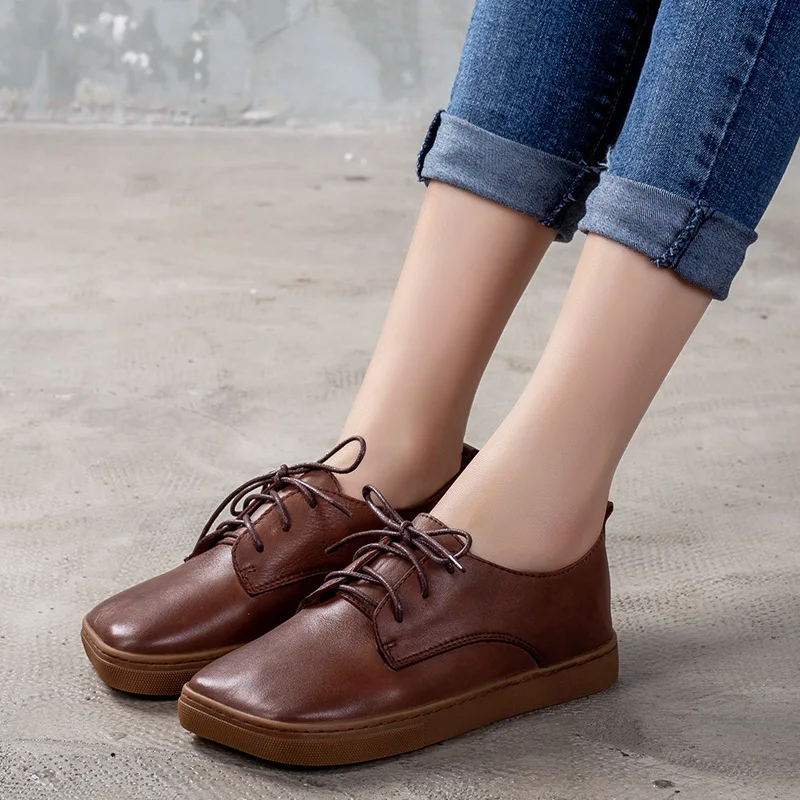 

Tenige Genuine Leather Women's 2020 Four Seasons Cowhide Flat Bottom Single Square Head Lace Low Help Shoes