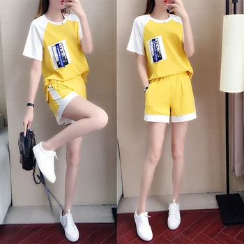 

2020 Summer New Korean Casual Fashion 2 Piece Set Women Loose Short Sleeved Shorts Student Two Piece Set Pink Yellow Clothes