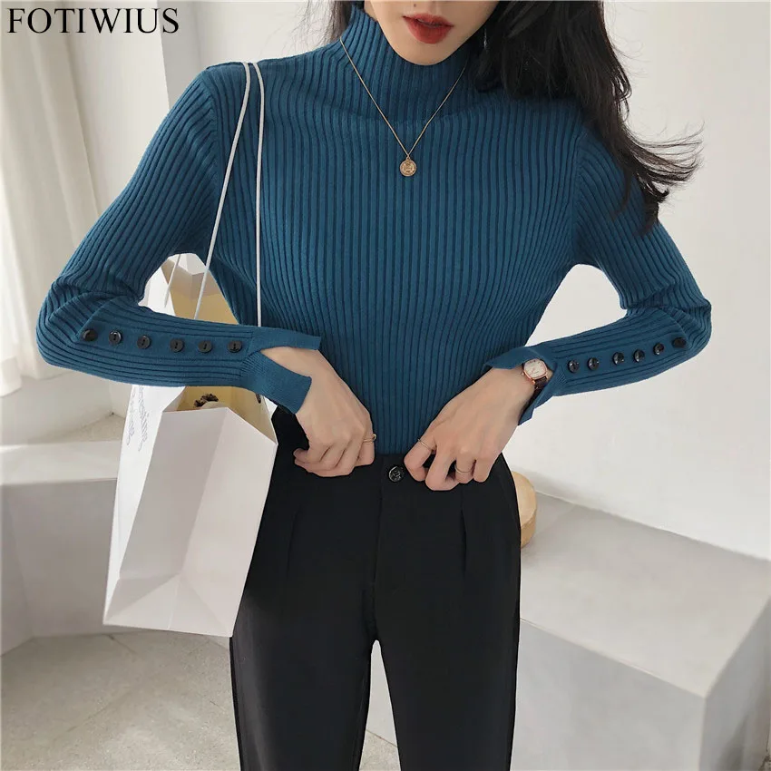 Womens Sweaters 2020 Winter Tops Button Sleeve Turtleneck Sweater Women Thin Pullover Jumper Knitted Sweater Pull Femme Hiver