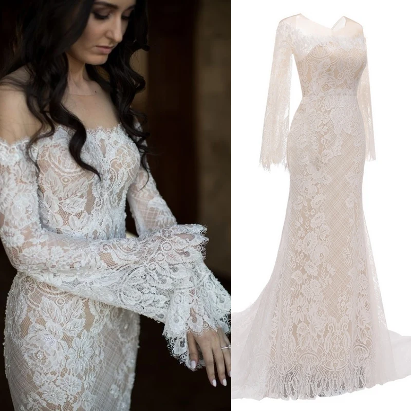 

3020#Strapless Off-The-Shoulder Lace Flare Sleeve Sheath Bohemian Beach Boho Wedding Dress Bridal Gown Vestidos De Novia 2021