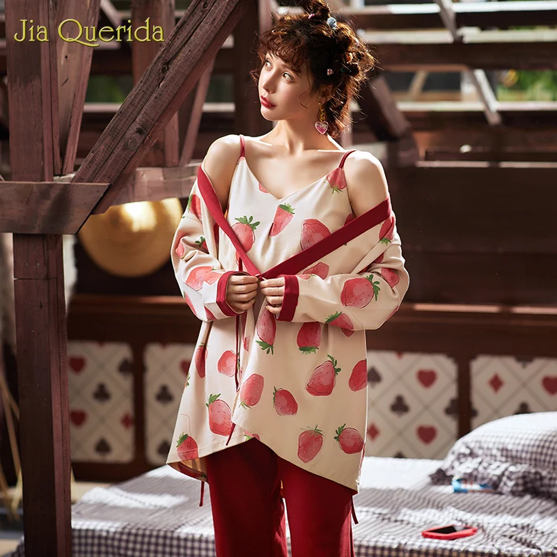 Pajama Sets Women 2020 New Spring Trendy Pjs 100% Cotton Women's 3 Pieces Pyjama Set Japanese Kimono Strawberry Printing Pajamas