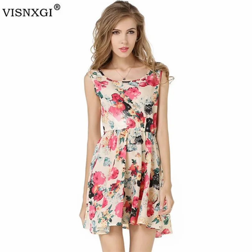 

VISNXGI Women Summer Dress Boho Floral Print Chiffon Sleeveless O-Neck Florals Print Pleated Party Clubwear Dress Plus Size XXL