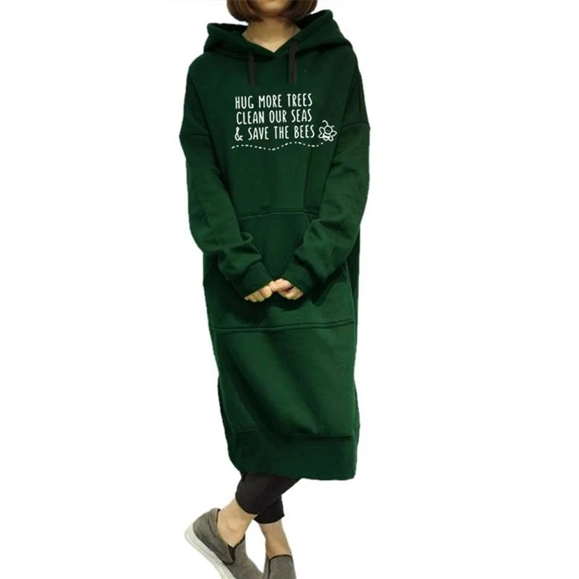 Hoodies For Women Bees Letters Print Long One-Piece Sweatshirt Femmes Sweatshirts Kawaii Hoodies Women Hoody Pockets
