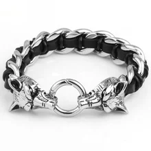 Granny Chic мужской браслет из нержавеющей стали и кожи волка 316L Байкер Тяжелая Бижутерия Подарки Серебряный тон Прямая поставка 8,5"