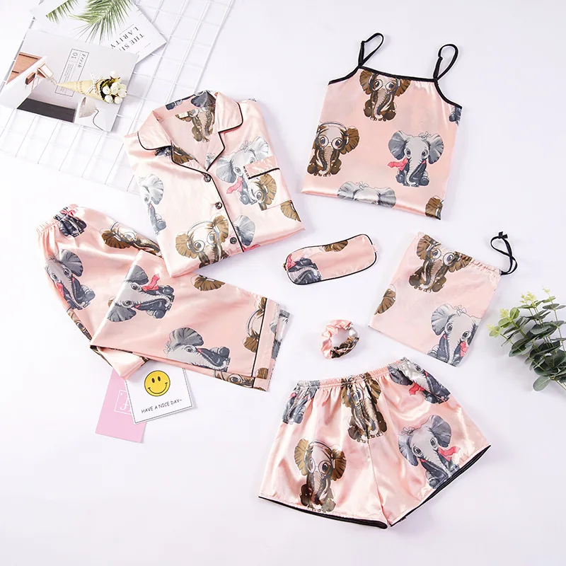 

7 piece pajama set for women silk autumn winter fashion home clothing animal print satin pajamas sleepwear pink blue seven-piece