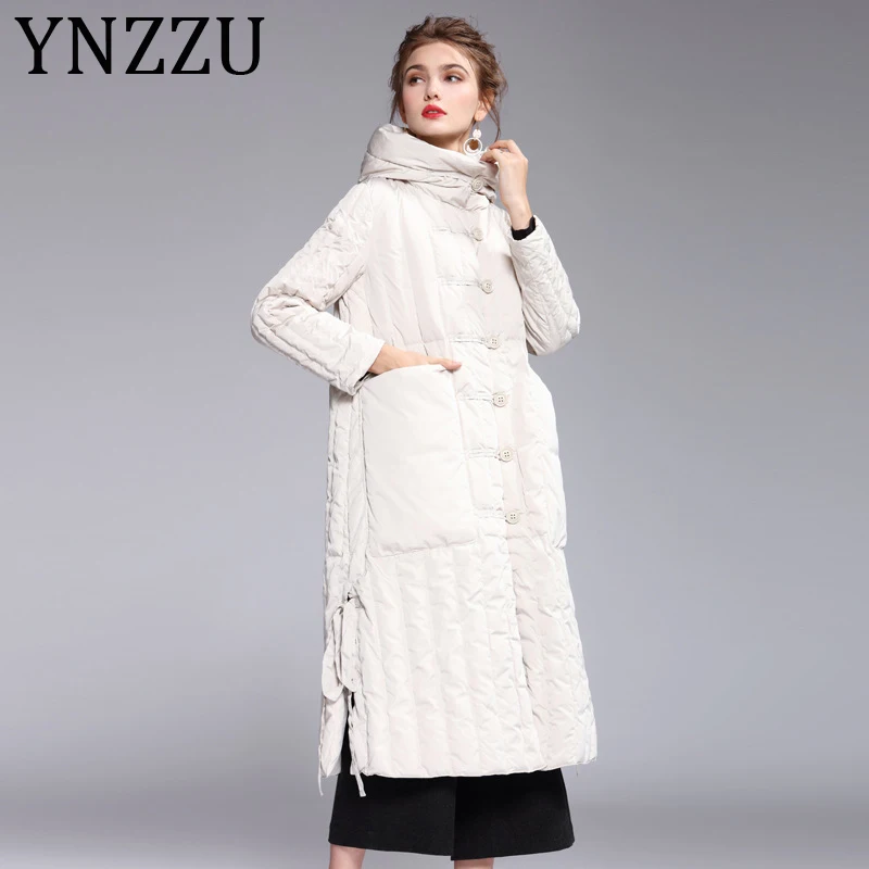 YNZZZU 2019 Новый Зимний Элегантный женский пуховик длинный с капюшоном
