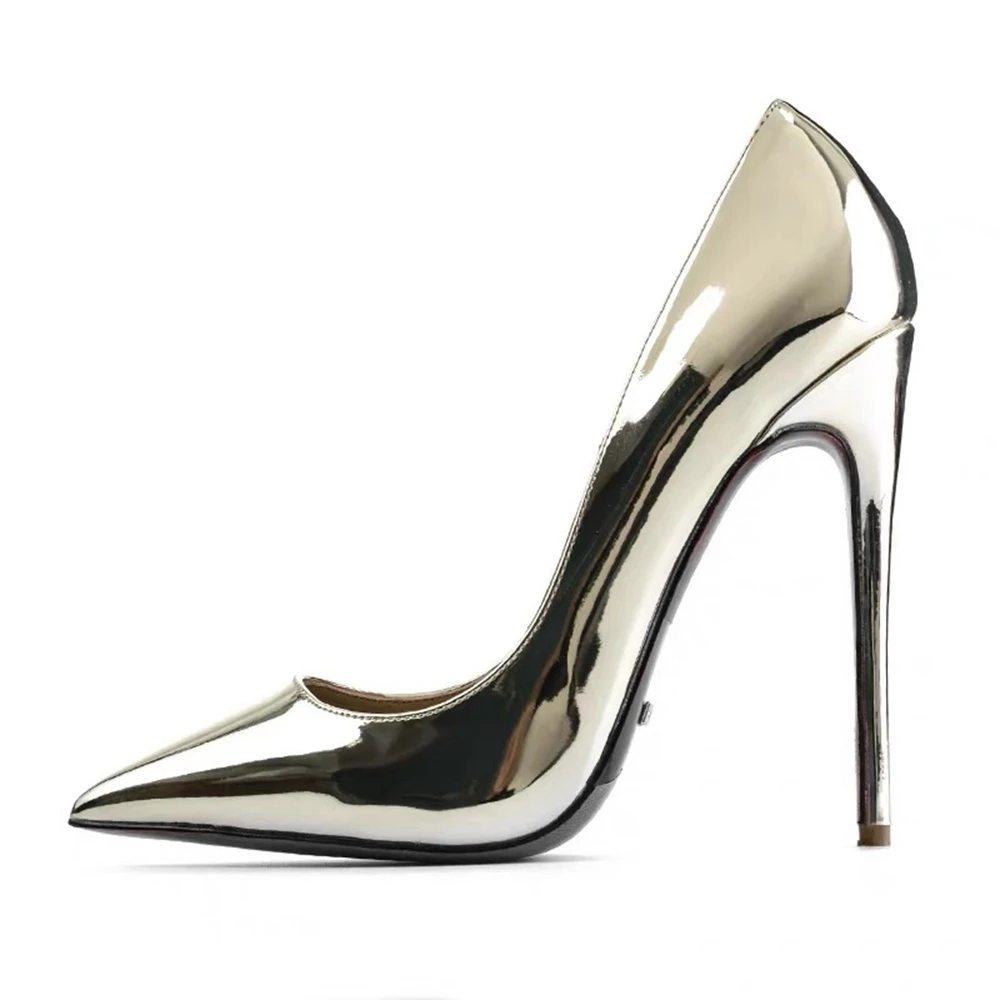Junetxin/классические женские туфли-лодочки с волнистым узором; большие размеры 34-42; женские туфли на высоком каблуке с острым носком; модные пикантные туфли-лодочки на каблуке 12 см - Цвет: 12cm Gold