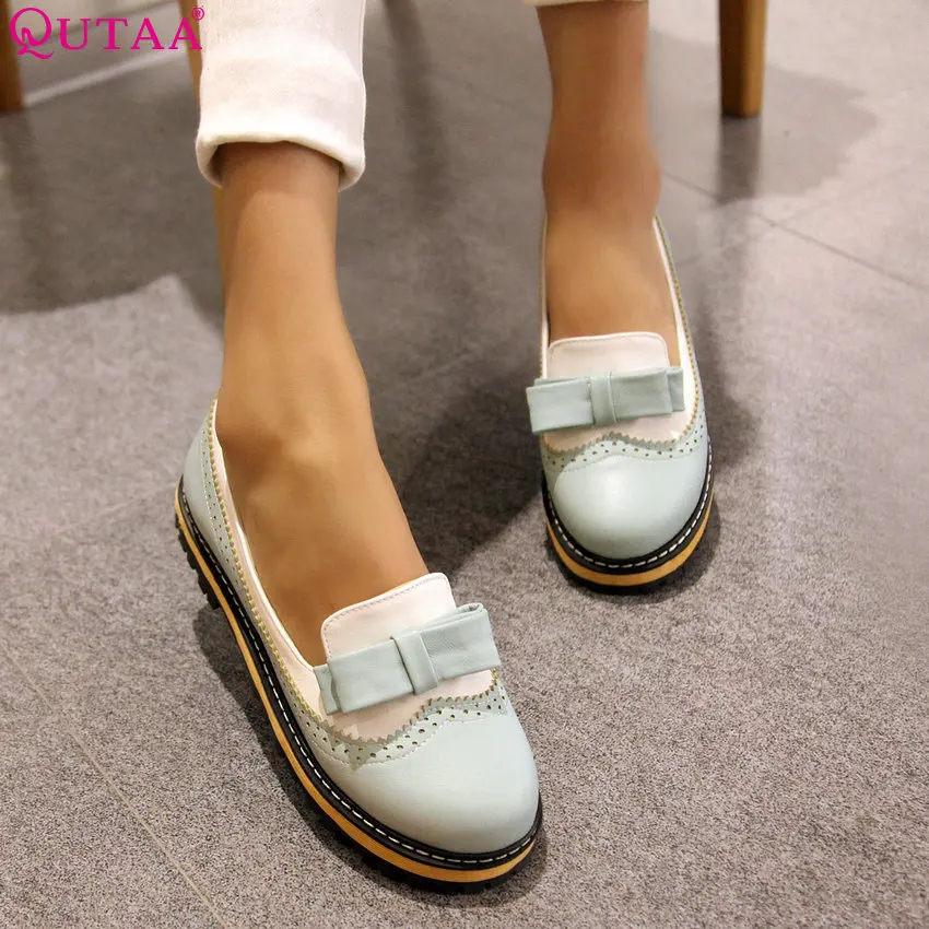 Online QUTAA 2020 mujeres bombas Pu plataforma de cuero All Match Slipon Bow Tie moda mujeres bombas elegnano Casual mujeres zapatos tamaño 34 43