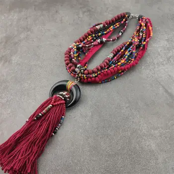 

Collar Exaggeration Vintage Tassel Multilayer Wood Bead Choker Statement Necklace Bead Collier Boho Big Leather Women Jewelry