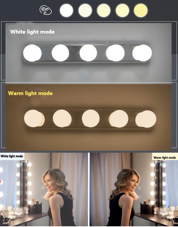 5 Bulb Led Makeup Mirror Light Suction Cup Installation Dressing Table Vanity Light Bathroom Wall Lamp Battery Powered