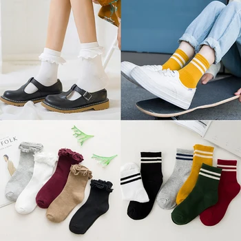 

Funny Cute High School Girls Cotton Two Striped Short Socks Retro Princess Ruffle Autumn Winter Women Socks Chaussettes Femme